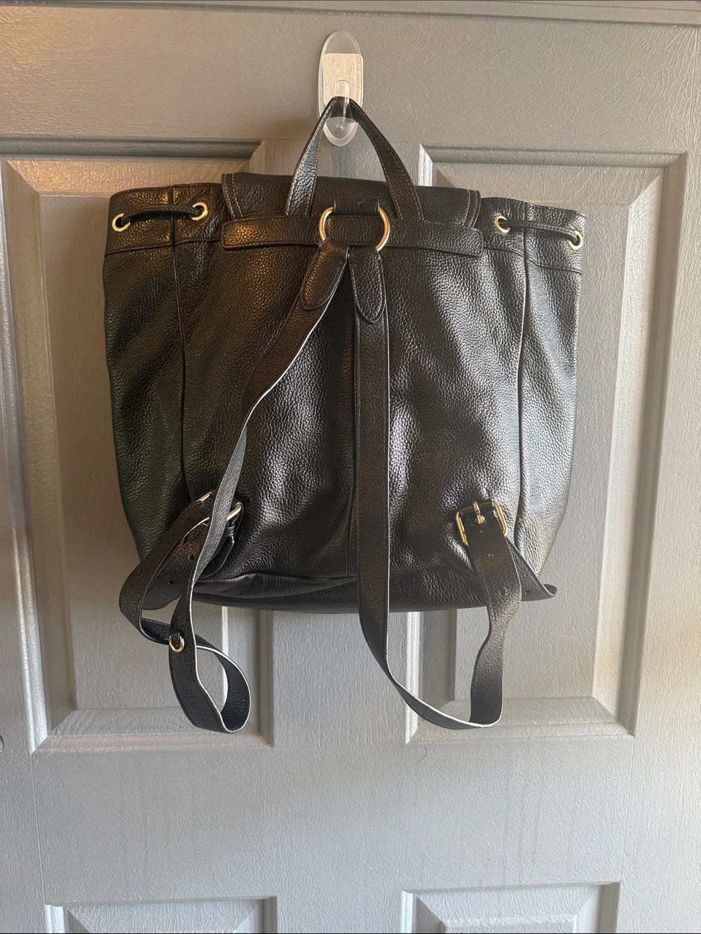 Coach Black Pebbled Leather Drawstring Flap Backpack with Front Pockets